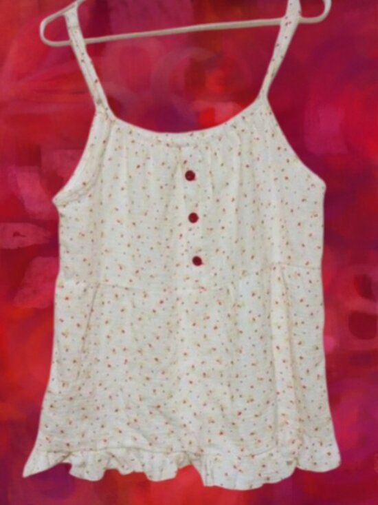 Tops - White Red Ditsy Floral Babydoll Cami Top L Cottagecore Coquette Y2K Ruffle Hem